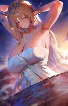 1girl absurdres arm_behind_head armpits arms_up blonde_hair blue_eyes blue_hair blurry blurry_background blush breasts cleavage collarbone colored_inner_hair commentary crown_of_thorns dutch_angle fleurdelys_(wuthering_waves) hand_on_own_head highres horns huge_breasts long_hair looking_at_viewer multicolored_hair naked_towel outdoors parted_lips partially_submerged pointy_ears rororo sidelocks single_horn solo tacet_mark_(wuthering_waves) towel very_long_hair wet wuthering_waves yellow_horns