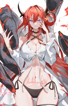 Rule 34 | 1girl, absurdres, arknights, bare shoulders, bikini, black bikini, bow, breasts, brown horns, chinese commentary, cleavage, commentary request, cowboy shot, demon girl, demon horns, fingernails, hair intakes, hair ornament, hand up, highres, horns, large breasts, lava, long hair, looking at viewer, madana gege, navel, official alternate costume, parted lips, purple eyes, red hair, side-tie bikini bottom, simple background, skindentation, slit pupils, solo, stomach, straight-on, surtr's golem (arknights), surtr (arknights), surtr (colorful wonderland) (arknights), swimsuit, thigh gap, thigh strap, v-shaped eyebrows, white background, wide hips