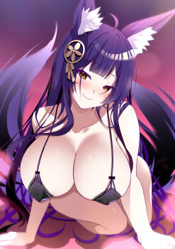 1girl absurdres ahoge alternate_costume animal_ear_fluff animal_ears azur_lane bra breasts cleavage commentary_request facial_mark fox_ears fox_girl fox_tail hair_ornament highres huge_breasts kitsune kneeling kyuubi looking_at_viewer multiple_tails musashi_(azur_lane) origami_aya purple_eyes purple_hair smile tail underwear underwear_only whisker_markings yellow_eyes
