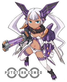 1girl animal armor artist_request belt blush boots bow bow_panties breasts coin core_medal dark_skin dinosaur from_above fur_collar gloves green_eyes gun hair_ornament holding holding_gun holding_weapon kamen_rider kamen_rider_ooo kamen_rider_ooo_(putotyra_combo) kamen_rider_ooo_(series) lingerie long_hair looking_at_viewer looking_up medagabryu midriff navel negligee ooo_driver panties personification pteranodon purple_armor purple_boots rider-tan rider_belt shoulder_pads small_breasts standing thighhighs triceratops twintails tyrannosaurus_rex underwear weapon white_background white_gloves white_hair white_panties white_thighhighs