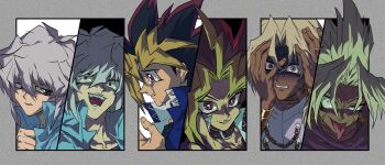 6+boys absurdres ancient_egyptian_clothes bakura_ryou black_choker black_hair blonde_hair blue_shirt brown_eyes choker cloak commentary_request crazy_eyes crying dark-skinned_male dark_skin domino_high_school_uniform dual_persona earrings evil_grin evil_smile multiple_expressions geubjeonkeo gold_earrings grin hair_between_eyes half-closed_eyes hands_on_own_face high_collar highres jewelry laughing long_hair looking_at_viewer looking_down male_focus marik_ishtar multicolored_hair multiple_boys muto_yugi open_mouth outside_border pink_hair pointing portrait purple_cloak purple_eyes sad school_uniform shaded_face shirt smile spiked_hair static tongue tongue_out veins white_hair yami_bakura yami_marik yami_yugi yu-gi-oh! yu-gi-oh!_duel_monsters