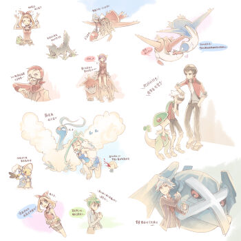 3girls 6+boys ;d altaria bike_shorts bike_shorts_under_shorts blood bow_hairband bracelet breloom brendan_(pokemon) brown_hair camerupt chaz_(pokemon) clothed_pokemon coat commentary_request cosplay_pikachu courtney_(pokemon) dress father_and_son gen_1_pokemon gen_3_pokemon glasses hairband hands_up heart highres hood hood_up huan_li jacket jewelry latias latios legendary_pokemon lisia_(pokemon) maxie_(pokemon) may_(pokemon) medium_hair metagross multiple_boys multiple_girls navel nintendo norman_(pokemon) nosebleed one_eye_closed open_clothes open_coat open_mouth pikachu pikachu_belle pokemon pokemon_(creature) pokemon_oras poochyena puff_of_air purple_hair red_coat ribbed_dress rich_boy_(pokemon) rich_boy_(pokemon_oras) riding riding_pokemon shirt shoes short_hair shorts sleeveless sleeveless_shirt smile sparkle speech_bubble standing steven_stone sweater sweater_dress team_magma tongue translation_request treecko wally_(pokemon)