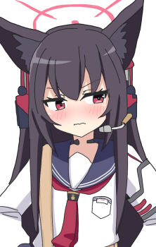 1girl animal_ear_fluff animal_ears averting_eyes black_hair blue_archive blue_sailor_collar blush closed_mouth commentary embarrassed fox_ears fox_girl hair_between_eyes halo hands_on_own_hips headphones implied_extra_ears kotowa long_hair long_sleeves looking_to_the_side neckerchief red_eyes red_halo red_neckerchief sailor_collar school_uniform serafuku shirt sidelocks simple_background solo tsurime upper_body v-shaped_eyebrows wavy_mouth white_background white_shirt yukino_(blue_archive)