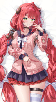 1girl absurdres artist_name black_sailor_collar blush braid braided_twintails cardigan charm_(object) chest_bow collarbone commentary_request cowboy_shot dokimaru green_eyes grin hair_ornament hair_ribbon hand_on_own_stomach hand_up hearing_aid highres long_hair looking_at_viewer lying multiple_hair_ribbons on_back pink_cardigan red_hair ribbon sailor_collar single_thighhigh smile solo sphere_hair_ornament striped_clothes striped_thighhighs thigh_strap thighhighs ukinami_yuzuha white_ribbon white_thighhighs zenless_zone_zero