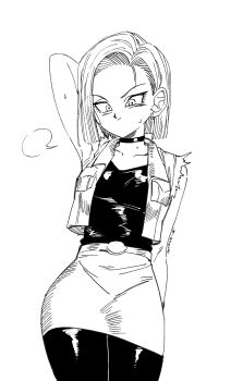 1girl android_18 arm_behind_head arm_up belt belt_buckle buckle choker dragon_ball dragonball_z earrings ghouse_01 highres jacket jewelry lineart long_hair pantyhose shirt skirt sleeveless sleeveless_jacket sweat thick_thighs thighs