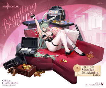 1girl ace_(playing_card) ace_of_diamonds animal_ears arm_up armpits bandaid bandaid_on_arm banknote bell beretta_ltlx_7000 bikini bikini_top_only black_bikini black_gloves black_ribbon black_shoes blush breasts card character_name coin computerized_scope copyright_name corset couch counter crossed_legs cup diamond_(shape) drinking_glass english_text fake_animal_ears gem girls'_frontline gloves gold gold_bar gold_coin green_hair griffin_&amp;_kryuger_logo gun hair_between_eyes hair_ribbon headgear heart high_heels highres less-than-lethal_weapon ltlx_7000_(girls'_frontline) ltlx_7000_(macallan_intoxication)_(girls'_frontline) lying mole mole_on_breast money neck_bell nontraditional_playboy_bunny official_alternate_costume official_art one_eye_closed open_suitcase pantyhose pillow pink_background playing_card promotional_art pump-action_shotgun rabbit_ears red_eyes red_gemstone ribbon riot_gun riot_shotgun rubbing_eyes second-party_source shoes shotgun slot_machine solo spill star_(symbol) stretching suitcase swimsuit thigh_strap torn_bikini torn_clothes torn_pantyhose weapon white_pantyhose white_wrist_cuffs wrist_cuffs yoyo_(550098)