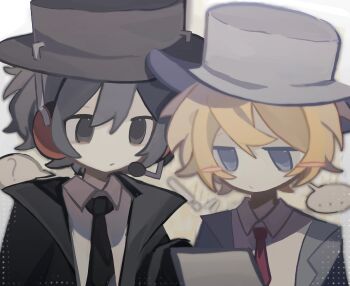 ! ... 2boys ? absurdres animification arms_at_sides black_eyes black_hair black_hat black_jacket black_necktie blonde_hair blue_eyes blush_stickers border burt_curtis chinese_commentary closed_mouth collared_shirt commentary_request double-parted_bangs grey_border grey_hat grey_jacket hair_between_eyes halftone halftone_background hat headphones headset henry_stickmin_(series) highres holding holding_paper jacket jitome looking_at_object looking_down male_focus multiple_boys necktie no_nose no_pupils open_clothes open_jacket outside_border pale_skin paper porkpie_hat red_necktie shirt short_hair simple_background spoken_ellipsis spoken_question_mark sven_svensson upper_body white_shirt y799833571 yellow_background