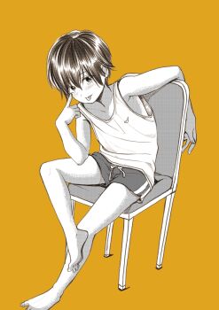 1boy barefoot feet full_body greyscale greyscale_with_colored_background highres kiripico male_focus monochrome original short_hair shorts sitting solo tank_top tongue tongue_out yellow_background