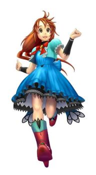 1girl 2009 artist_name artist_request blue_dress bow bowtie brown_eyes brown_hair dorothy_gale dorothy_gale_(riz-zoawd) dress female_focus long_hair long_skirt looking_at_viewer media.vision riz-zoawd skirt the_wizard_of_oz