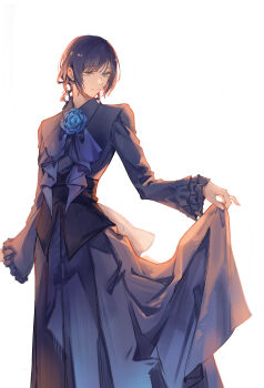 1girl absurdres ado_(utaite) backlighting black_hair blue_dress blue_eyes blue_flower blue_hair blue_jacket blue_rose braid chando_(ado) collared_jacket commentary dress english_commentary feet_out_of_frame flower frilled_jacket frills haaahoi hairstyle_request highres jacket light_smile long_hair long_skirt long_sleeves looking_to_the_side neckwear_request rose skirt skirt_hold solo standing suit_jacket utaite white_background wide_sleeves