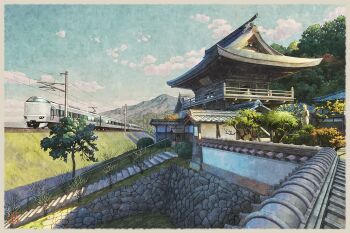 architecture blue_sky building cloud commentary_request day east_asian_architecture japan kyoto_prefecture landscape miyazu_(city) mountain mountainous_horizon mugumo_24k multiple_unit_train no_humans original outdoors power_lines real_world_location scenery signature sky stairs statue train tree west_japan_railway_company