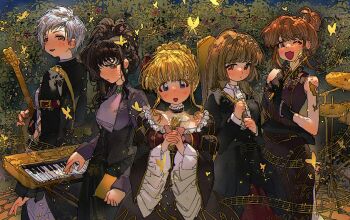 5girls :d absurdres arm_strap beatrice_(umineko) black_choker black_corset black_dress black_gloves black_jacket black_skirt blonde_hair blue_eyes braid brown_eyes brown_hair bug bush butterfly choker corset crown_braid dappled_sunlight dress drum elbow_gloves fang frilled_choker frilled_sleeves frills gloves green_eyes guitar hair_bun head_tilt highres insect instrument jacket keyboard_(instrument) long_hair looking_at_viewer looking_back microphone multiple_girls one_eye_closed open_mouth purple_shirt red_skirt rose_bush shirt short_hair side_ponytail skin_fang skirt sleeveless sleeveless_dress smile square_neckline sstont striped_blush sunlight umineko_no_naku_koro_ni upper_body ushiromiya_eva ushiromiya_kyrie ushiromiya_natsuhi ushiromiya_rosa wavy_hair white_hair wide_sleeves yellow_butterfly