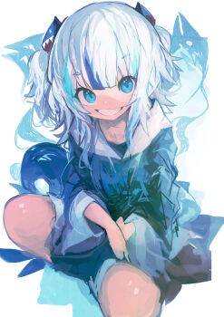 1girl absurdres blue_eyes blue_hair blue_hoodie commentary fins fish_tail gawr_gura gawr_gura_(1st_costume) hair_ornament highres hololive hololive_english hood hood_down hoodie kaamin_(mariarose753) long_sleeves looking_at_viewer multicolored_hair shark_tail sharp_teeth simple_background sitting solo streaked_hair tail teeth two_side_up virtual_youtuber white_hair