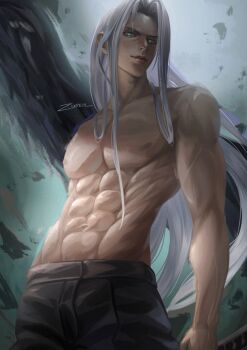 1boy abs bare_shoulders belt black_pants black_wings closed_mouth collarbone commentary cowboy_shot final_fantasy final_fantasy_vii gradient_background green_eyes grey_hair highres lips long_bangs long_hair looking_at_viewer male_focus muscular muscular_male pants parted_bangs pectorals sephiroth signature single_wing slit_pupils solo topless_male wings zureiil