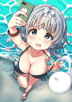 1girl alternate_breast_size_(larger) alternate_costume beach bikini black_bikini black_sandals blush bow_hairband breasts cleavage foreshortening from_above full_body green_eyes grey_hair hair_ornament hairband hairclip heart highres hitodama konpaku_youmu konpaku_youmu_(ghost) large_breasts long_hair low_twintails ocean pegashi sandals sarong see-through_clothes see-through_sarong selfie small_sweatdrop solo strap_pull swimsuit touhou twintails white_hairband wispy_bangs