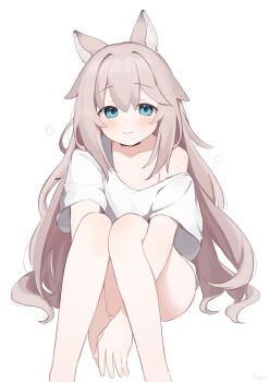1girl absurdres animal_ear_fluff animal_ears blue_eyes blush brown_hair closed_mouth feet_out_of_frame highres hugging_own_legs knees_up long_hair looking_at_viewer off_shoulder original riya_(01214) shirt short_sleeves simple_background sitting smile solo very_long_hair white_background white_shirt wide_sleeves