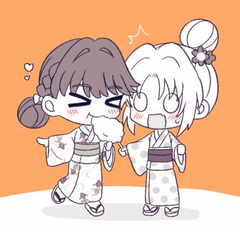 Rule 34 | > <, 0 0, 2girls, animal print, blush, bow, braid, chibi, chibi only, commentary request, cotton candy, fang, fish print, flower, food, food theft, fujishima megumi, greyscale with colored background, hair bow, hair bun, hair flower, hair intakes, hair ornament, highres, holding, holding cotton candy, holding food, japanese clothes, kimono, leg up, link! like! love live!, long sleeves, looking at another, love live!, mira-cra park!, multiple girls, obi, obiage, obijime, open mouth, orange background, osawa rurino, parted bangs, polka dot, polka dot kimono, print kimono, sandals, sash, short hair, side braids, sidelocks, simple background, single hair bun, skin fang, standing, virtual youtuber, watage modoki, wide sleeves, yukata