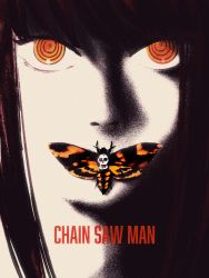 1girl absurdres bug chainsaw_man close-up commentary copyright_name highres bug makima_(chainsaw_man) moth movie_poster mrns_d orange_eyes parody partially_colored red_eyes skull solo the_silence_of_the_lambs
