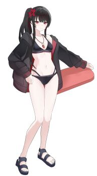 alternate_costume bare_shoulders bikini black_bikini black_bra black_jacket black_panties black_sandals bra commentary_request flower hair_flower hair_ornament highres jacket jacket_over_swimsuit long_sleeves looking_at_viewer mahou_shoujo_no_majo_saiban miya122303 navel nikaido_hiro open_clothes open_jacket panties ponytail red_eyes sandals simple_background swimsuit thighs underwear whistle whistle_around_neck white_background