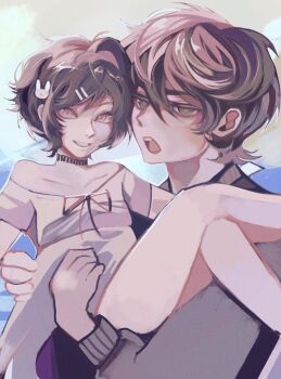 1boy 1girl age_difference andrew_graves ashley_graves bare_shoulders black_hair black_sweater brother_and_sister complaining dress green_eyes hair_ornament highres loli miagravez open_mouth pink_eyes short_hair siblings smile sweater the_coffin_of_andy_and_leyley thighs white_dress