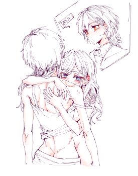 2girls arm_around_neck bad_source bite_mark bite_mark_on_neck bite_mark_on_shoulder blue_eyes butt_crack camisole ceras_yanagida_lilienfeld clothed_female_nude_female completely_nude edel_note hair_ornament highres hug jellyfish_cut katsuragi_izumi link!_like!_love_live! love_live! multiple_girls nude orange_eyes partially_colored shoulder_blades simple_background strap_slip triangle_hair_ornament turtleneck virtual_youtuber white_background yrxy_settingsun yuri