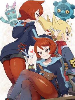 2girls :3 absurdres akari_(pokemon) arezu_(pokemon) blonde_hair blue_hoodie blush breasts bronzong bronzor cat chair character_charm charm_(object) closed_eyes closed_mouth comb cowlick crossed_legs cutting_hair diamond_clan_outfit gen_4_pokemon gradient_clothes gradient_legwear grey_eyes grin heart highres holding holding_comb hood hoodie jacket long_hair long_sleeves multiple_girls nintendo on_chair open_mouth pantyhose pantyhose_under_shorts pokemoa pokemon pokemon_(creature) pokemon_legends:_arceus purugly red_eyes red_hair red_pantyhose red_scarf scarf scissors short_hair shorts sitting smile star_(symbol) two-tone_legwear two-tone_pantyhose volo_(pokemon) whiskers