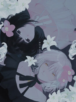 2girls absurdres amemori_sayo armpit_crease bare_shoulders black_dress black_eyes black_hair blunt_bangs blush check_flower closed_mouth collarbone commentary_request dress eyelashes flower flower_request frilled_dress frills grey_background hair_between_eyes hair_flower hair_ornament halter_dress halterneck highres kudou_chitose light_smile lily_(flower) medium_hair multiple_girls nijisanji pink_flower rotational_symmetry translation_request uksmmr virtual_youtuber white_dress white_flower white_hair white_lily yellow_eyes