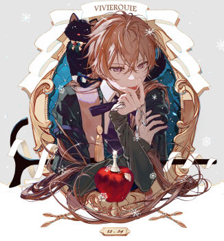 Rule 34 | 1boy, absurdres, apple, badge, black cat, board game, brown hair, cane, cat, chess, chess piece, food, fruit, highres, low ponytail, non-web source, original, ponytail, purple eyes, ribbon, sticking, tongue, tongue out, viv flos, vivierouie