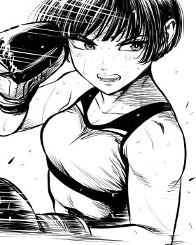 Rule 34 | 1girl, boxing, boxing gloves, breasts, commentary request, crosshatching, flying sweatdrops, hatching (texture), highres, lee (dragon garou), monochrome, motion lines, open mouth, original, serious, short hair, small breasts, solo, speed lines, sports bra, sweat, toned, toned female, upper body, very sweaty