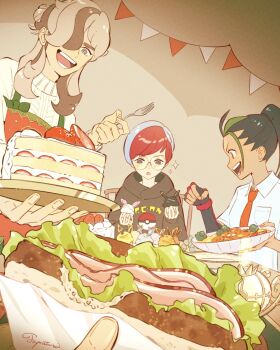 1boy 2girls apron arven_(holiday_2025)_(pokemon) arven_(pokemon) black_hair blue_hair brown_hair character-themed_food commentary_request food glasses hair_bun hair_over_one_eye highres multicolored_hair multiple_girls naranja_academy_school_uniform nemona_(pokemon) nintendo official_alternate_costume open_mouth penny_(pokemon) pokemon pokemon_sv red_apron red_hair round_eyewear sandwich school_uniform signature sparkle sweater tamiura_0422 two-tone_hair white_sweater