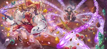 2girls adapted_costume arm_ribbon ascot barefoot between_fingers black_shirt black_skirt bow brown_hair bug crystal danmaku detached_sleeves fighting frilled_bow frilled_hair_tubes frilled_skirt frills game_cg gohei grey_hair haccan hair_bow hair_tubes hakurei_reimu himemushi_momoyo holding holding_gohei holding_pickaxe holding_shovel long_hair multiple_girls non-web_source official_art ofuda ofuda_between_fingers open_mouth orange_ribbon pickaxe print_sleeves red_bow red_eyes red_skirt ribbon ribbon-trimmed_sleeves ribbon_trim sandals second-party_source see-through_clothes see-through_sleeves shirt short_sleeves shovel skirt skirt_set smile socks toes touhou touhou_gensou_eclipse white_socks yellow_ascot yin_yang yin_yang_print