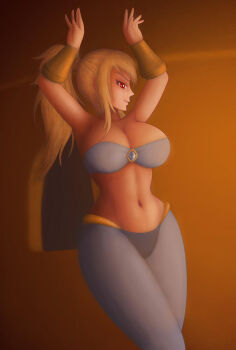 1girl alternate_costume alternate_eye_color arabian ass belly belly_dancer blonde_hair breasts cleavage corruption cosplay crossover dark_persona female_focus hal_laboratory harem_outfit harem_pants highres huge_ass huge_breasts looking_at_viewer metroid narrow_waist navel nintendo pants ponytail possessed possession red_eyes saf-404 samus_aran shantae shantae_(cosplay) sidelocks solo spirit spirit_(super_smash_bros.) super_smash_bros. thick_thighs thighs wayforward wide_hips