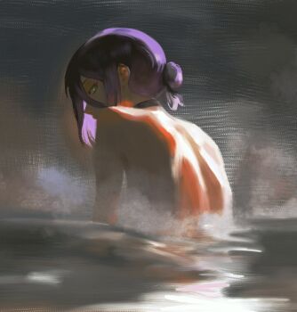 1girl back black_choker black_hair chainsaw_man choker commentary english_commentary kilem_soft killem_soft looking_at_viewer looking_back reze_(chainsaw_man) short_hair solo steam topless_female water