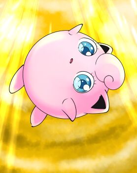 :o aqua_eyes awawanxzebra floating_hair full_body gen_1_pokemon highres jigglypuff looking_at_viewer lying nintendo no_humans on_stomach open_mouth pokemon pokemon_(creature) simple_background sky solo what