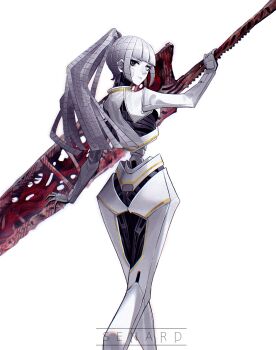 Rule 34 | 1girl, albina (project moon), android, artist name, black eyes, cable hair, closed mouth, commentary, english commentary, eyelashes, from behind, greatsword, grey hair, heterochromia, high ponytail, highres, holding, holding sword, holding weapon, joints, limbus company, long hair, looking back, ponytail, project moon, robot joints, senard, simple background, solo, standing, sword, watermark, weapon, white background, white eyes
