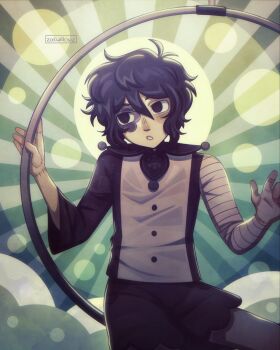 1boy alternate_costume alternate_eye_color alternate_hair_color alternate_universe antenna_hair artist_name bandaged_arm bandages basil_(faraway)_(omori) basil_(omori) black_eyes black_hair black_shorts double-parted_bangs highres holding holding_hoop hoop male_focus omori parted_lips short_hair shorts sidelocks solo stitched_arm stitched_fingers stitches zoewillowz