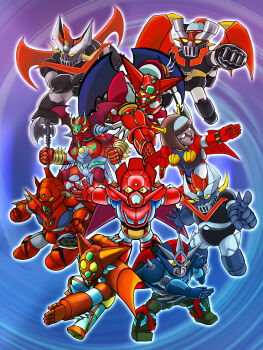 Rule 34 | 1girl, absurdres, arm blade, arm slave (mecha), armor, axe, blue armor, breasts, brown hair, cape, commentary request, crossover, flying, game console, gattai, getter-1, getter dragon, getter robo, getter robo (classic), getter robo arc, getter robo g, glass cockpit, great mazinger, great mazinger (robot), head spikes, highres, hirudoido, holding, holding axe, holding weapon, horns, jetpack, large breasts, long hair, looking at viewer, mazinger (series), mazinger z, mazinger z (mecha), mecha, mecha focus, metal hair, multicolored armor, neo getter-1, no humans, pilder, red armor, red cape, retro artstyle, robot, robot girl, science fiction, shin getter-1, shin getter robo, shin getter robo vs neo getter robo, shin mazinger shougeki! z-hen, spikes, srw cover, super famicom, super robot, super robot wars, tomahawk, venus a, weapon, wings, yellow armor, yellow eyes