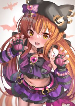 1girl :3 ame_sagari animal_ears animal_hands bare_shoulders black_gloves black_hat black_shirt blush claw_pose commentary_request cropped_shirt detached_sleeves fingerless_gloves gloves hair_between_eyes hat highres horse_ears horse_girl horse_tail long_hair looking_at_viewer mayano_top_gun_(rockin&#039;_mewmeow)_(umamusume) mayano_top_gun_(umamusume) official_alternate_costume open_mouth orange_hair paw_gloves pink_nails purple_skirt purple_sleeves shirt skirt solo striped_sleeves tail umamusume yellow_eyes