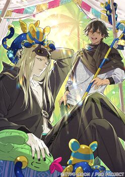 Rule 34 | ankh, black cloak, black hair, black nails, black pants, blonde hair, blue eyes, brown hair, cable knit, cane, cloak, copyright request, crossed legs, dark skin, eye mask, fate/grand order, fate (series), fingernails, hand on own hip, holding, holding cane, long hair, long sleeves, male focus, mask, mask on head, multiple boys, nail polish, official art, on head, one eye closed, orange eyes, original, ozymandias (fate), pale skin, palm tree, pants, senzaki makoto, short hair, sitting, stick, sweater, tezcatlipoca (fate), tree, white sweater