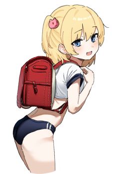 1girl :d ass backpack bag black_buruma blonde_hair blue_buruma blue_eyes blush buruma crop_top cropped_legs cropped_shirt fang from_side gym_uniform hair_ornament kabaxima_kin leaning_forward loli looking_at_viewer midriff one_side_up open_mouth original randoseru red_bag shirt short_hair short_sleeves simple_background smile solo thighs white_background white_shirt