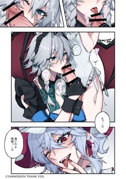 Rule 34 | 2girls, absurdres, bat wings, black gloves, blue eyes, blue hair, blush, bow, braid, censored, commentary request, commission, dress, english text, fangs, fellatio, fingernails, futa with female, futanari, gloves, grey hair, hat, heart, highres, himadera, izayoi sakuya, licking, licking penis, maid, maid headdress, mob cap, motion lines, multiple girls, nail polish, one eye closed, open mouth, oral, penis, pointy ears, precum, red eyes, remilia scarlet, ribbon, short hair, spoken heart, tongue, tongue out, touhou, translation request, twin braids, twitter username, vampire, wings