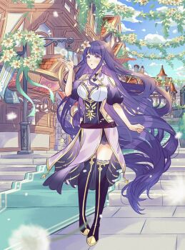 1girl alternate_costume black_thighhighs blue_sky blunt_bangs blush breasts cleavage clenched_hand clothing_cutout cloud cloudy_sky commentary dandelion dress english_commentary floating flower full_body genshin_impact hair_down hair_flower hair_ornament hand_up highres hip_vent huge_breasts long_hair looking_at_another looking_up meisaki motion_blur no_mole open_mouth outdoors puffy_short_sleeves puffy_sleeves purple_dress raiden_shogun short_sleeves shy sky solo thighhighs wavy_hair wishing