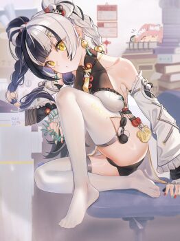 2girls absurdres ahoge animal_print aqua_nails ass bare_shoulders bear_print black_hair blurry blurry_background blush book book_stack braid braided_twintails chair china_dress chinese_clothes collarbone commentary_request corded_phone dialyn_(zenless_zone_zero) dress earrings feet full_body hair_extensions hair_ornament hairclip hand_up highres holding holding_phone iblod indoors jewelry legs long_hair looking_at_viewer multicolored_hair multiple_girls necktie on_chair panda_hair_ornament panda_print paper parted_lips phone ring_hair_extensions sitting solo solo_focus split-color_hair teeth thighhighs white_thighhighs yellow_eyes yellow_necktie zenless_zone_zero zhao_(zenless_zone_zero)