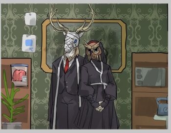 1boy 1girl aeng-du_(project_moon) animal_request animalization bamboo-hatted_kim bandaged_arm bandages bird black_coat black_hair black_jacket black_kimono black_pants black_shirt black_suit coat commentary english_commentary formal_clothes hairband horns jacket japanese_clothes kimono limbus_company long_hair necktie open_clothes open_coat owl own_hands_together pants project_moon red_hairband red_necktie rusty_lake shirt shoggoth_(sirens20211) standing suit suit_jacket turtleneck turtleneck_shirt white_shirt white_trim