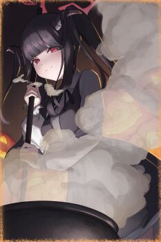 1girl absurdres alternate_costume black_dress black_hair blue_archive blush cauldron closed_mouth commentary dark_background demon_girl demon_horns dress fuuka_(blue_archive) halloween halo highres holding horns long_sleeves looking_at_viewer puffy_long_sleeves puffy_sleeves pumpkin red_eyes red_halo shirt smile solo springrain_06 steam stirring twintails white_shirt witch