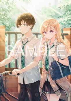 Rule 34 | 1boy, 1girl, asamura yuuta, ayase saki, bag, bicycle, black pants, black skirt, blonde hair, blue bag, bracelet, breasts, brother and sister, brother and step-sister, brown cardigan, brown hair, cardigan, cardigan around waist, clothes around waist, collarbone, collared shirt, commentary request, cowboy shot, earrings, gimai seikatsu, green eyes, green necktie, hair ornament, hairclip, hiten (hitenkei), jewelry, light rays, long hair, looking at viewer, necktie, official art, outdoors, pants, parted lips, plaid clothes, plaid necktie, pleated skirt, purple eyes, pushing bicycle, sample watermark, school bag, school uniform, second-party source, shirt, short hair, siblings, skirt, small breasts, step-brother and step-sister, step-siblings, triangle earrings, walking, watermark, white shirt