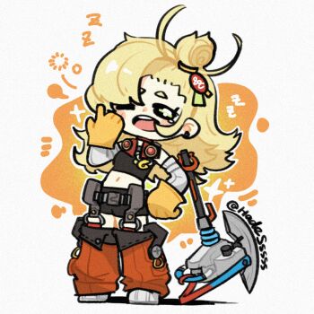 1girl autis_tic belt black_sclera black_shorts black_tube_top blonde_hair blush chibi chibi_only colored_sclera commentary_request crop_top detached_pants detached_sleeves earrings full_body gloves goggles goggles_around_neck green_eyes hair_ornament jewelry leaning_on_weapon leaning_to_the_side long_hair midriff motion_lines navel one_eye_closed open_mouth orange_pants pants piper_wheel shoes short_eyebrows shorts solo sparkle splatter_background squeans standing strapless tears teeth thick_eyebrows tube_top twitter_username upper_teeth_only weapon white_background white_shoes white_sleeves yawning yellow_gloves zenless_zone_zero zzz