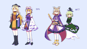 4girls anklet black_boots black_hat black_ribbon black_shoes blonde_hair blue_background boots bow bracelet brown_eyes brown_hair cape clenched_hands closed_mouth collared_cape collared_dress commentary constellation_print crossed_arms detached_sleeves dress frilled_dress frilled_headwear frilled_skirt frilled_sleeves frills full_body ghost_tail gold_bracelet green_dress green_eyes green_hair green_hakama hair_between_eyes hair_bow hair_bun hair_ears hakama hakama_short_skirt hakama_skirt hand_on_own_hip hat hat_ribbon headphones high_collar highres holding holding_rod japanese_clothes jewelry juliet_sleeves knee_boots layered_sleeves long_hair long_sleeves matara_okina medium_dress medium_skirt mob_cap multiple_girls ofuda ofuda_on_clothes orange_eyes orange_sleeves orange_tabard parted_bangs puffy_sleeves purple_cape purple_eyes purple_skirt purple_tabard re1re133 red_bow red_cape red_garter red_ribbon ribbon rod sandals sheath sheathed shirt shoes short_dress short_hair_with_long_locks sidelocks simple_background single_hair_bun skirt skirt_under_dress sleeve_cuffs sleeve_garter sleeves_past_wrists smile socks soga_no_tojiko standing sun_symbol sword tabard tate_eboshi touhou toyosatomimi_no_miko two-sided_cape two-sided_fabric updo very_long_hair weapon white_dress white_hat white_shirt white_socks yakumo_yukari yellow_sandals