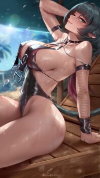1girl absurdres animal_ears arm_up bare_shoulders black_hair black_one-piece_swimsuit blurry blurry_background blush breasts collarbone commentary covered_navel detached_sleeves english_commentary fishnet_sleeves fishnets from_side green_eyes highleg highleg_one-piece_swimsuit highres jane_doe_(nocturne_of_light)_(zenless_zone_zero) jane_doe_(zenless_zone_zero) large_breasts long_hair looking_at_viewer looking_to_the_side mouse_ears mouse_girl official_alternate_costume one-piece_swimsuit outdoors paid_reward_available parasol parted_lips patreon_username queasy_s sideways_glance sitting smile solo swimsuit umbrella zenless_zone_zero