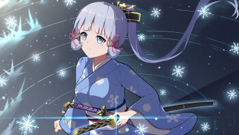 1girl absurdres alternate_costume ayaka_(genshin_impact) blue_eyes blue_hair blue_kimono blunt_bangs breasts chinese_commentary commentary_request floating_hair genshin_impact hair_ornament hair_ribbon highres holding holding_sword holding_weapon japanese_clothes katana kimono long_hair long_sleeves low-tied_sidelocks mole mole_under_eye mxirony obi ponytail ribbon sash sheath sheathed sidelocks snowflake_print snowflakes solo sword tachi_(weapon) tress_ribbon weapon wide_sleeves